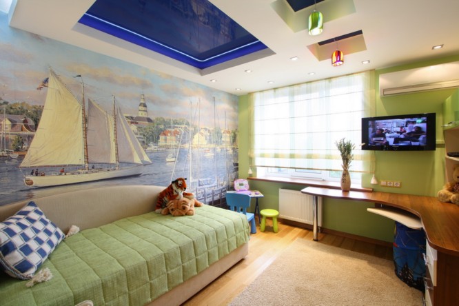 Натяжные потолки в детскую комнату для девочки с зонирование
