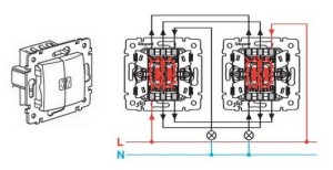 Схема подключения двухклавишного выключателя на две лампочки в санузле.