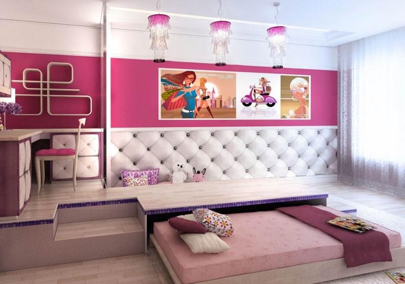 Шикарная детская комната с подиумом и выдвижными кроватями